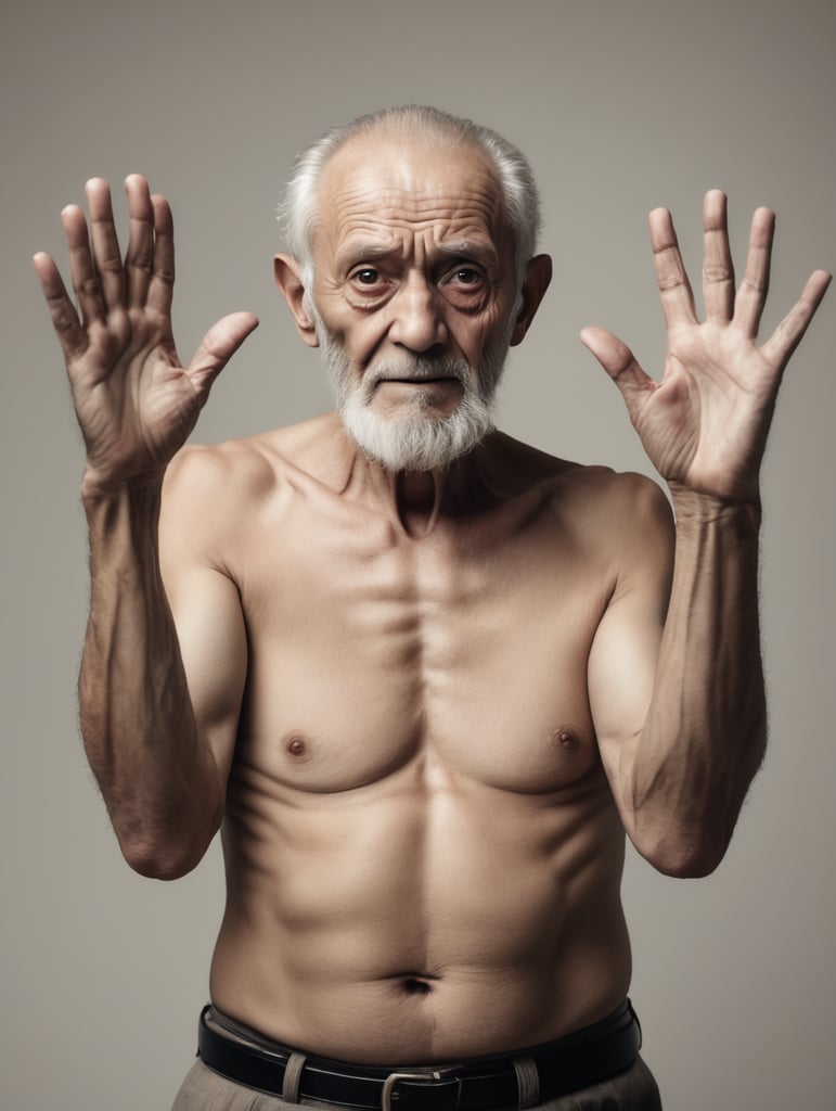 Creepy old man with no shirt reaching his hands palms out to foreground