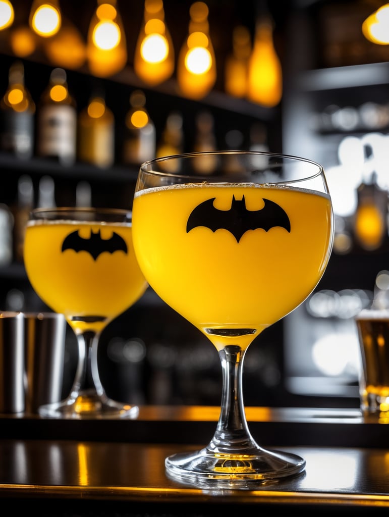 yellow and black like batman Drink Snifter Glass in a darkness bar, cinematic lighting, product shot, 4:3, 4k
