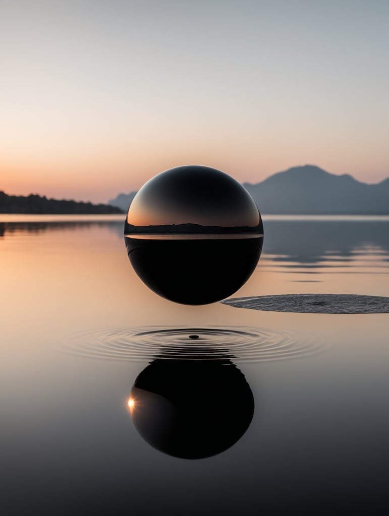 minimal, simple black sphere hover above on water, just the horizon on the background