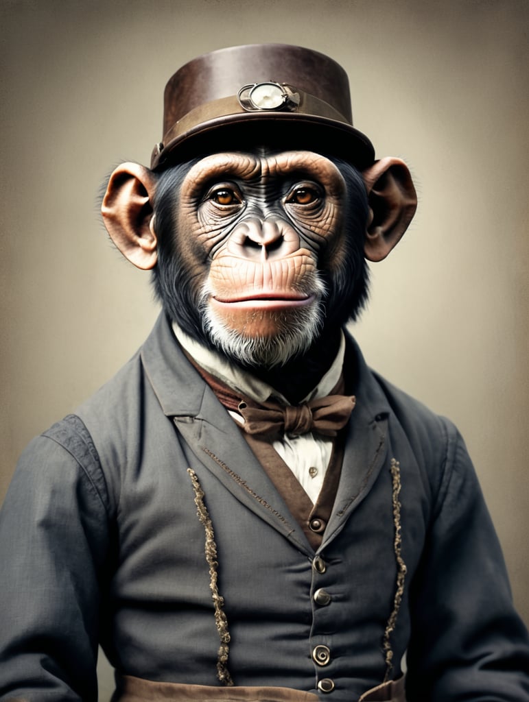 Portrait of a chimpanzee in Victorian-style labourer’s clothes