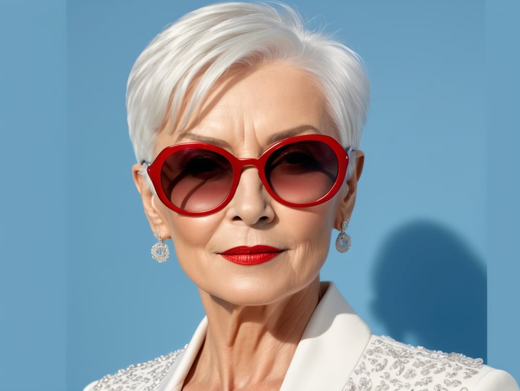 A portrait of a beautiful English older woman with white platinum short hair and big sunglasses, dressed all red, blue background, big cleavage, glamorous London portrait, highly realistic, women designer, very fashionable, colourful