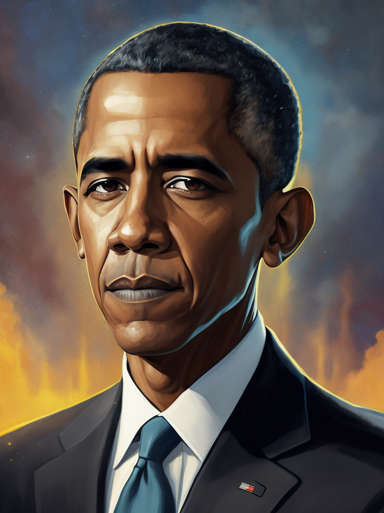 Barack Obama, Hero portrait, Illustration, Painting, Fantasy, Sci-Fi, Cover Art, USA , style of Vincent Di Fate