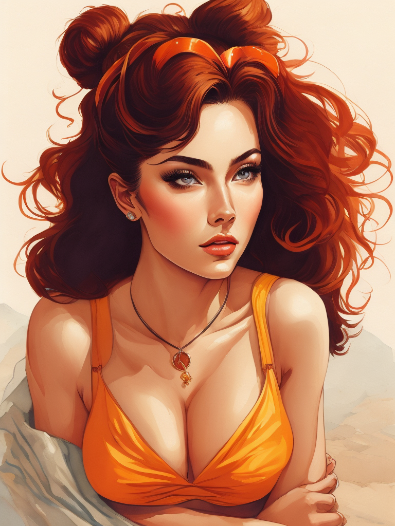 Realistic portrait of female pinup model in swimsuit sitting in a towel at a beach, in the style of art nouveau, alphose mucha, vintage, 60s, 4k, summer golden light, highly detailed, romantic, cinematic, colourful and bright