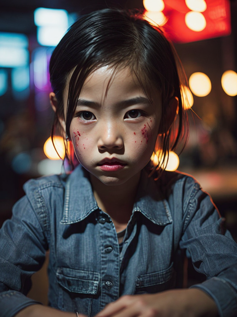 portrait of an Asian girl 7 years old sitting in a night bar at the counter, face from the movie, bloody hand on her plate, school dress, dark hair, red Chinese lights, focus on a girl, red lighting, low light, dark atmosphere