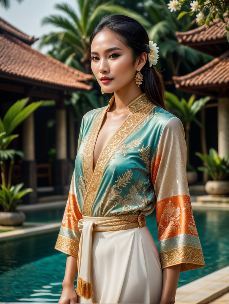 Indonesian-Chinese woman who typically lives in west Jakarta. Make it as attractive as possible with designer clothing. Posing in a poolside near a beach like Bali