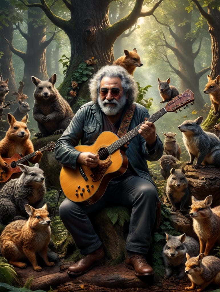 Jerry Garcia playing guitar for woodland animals