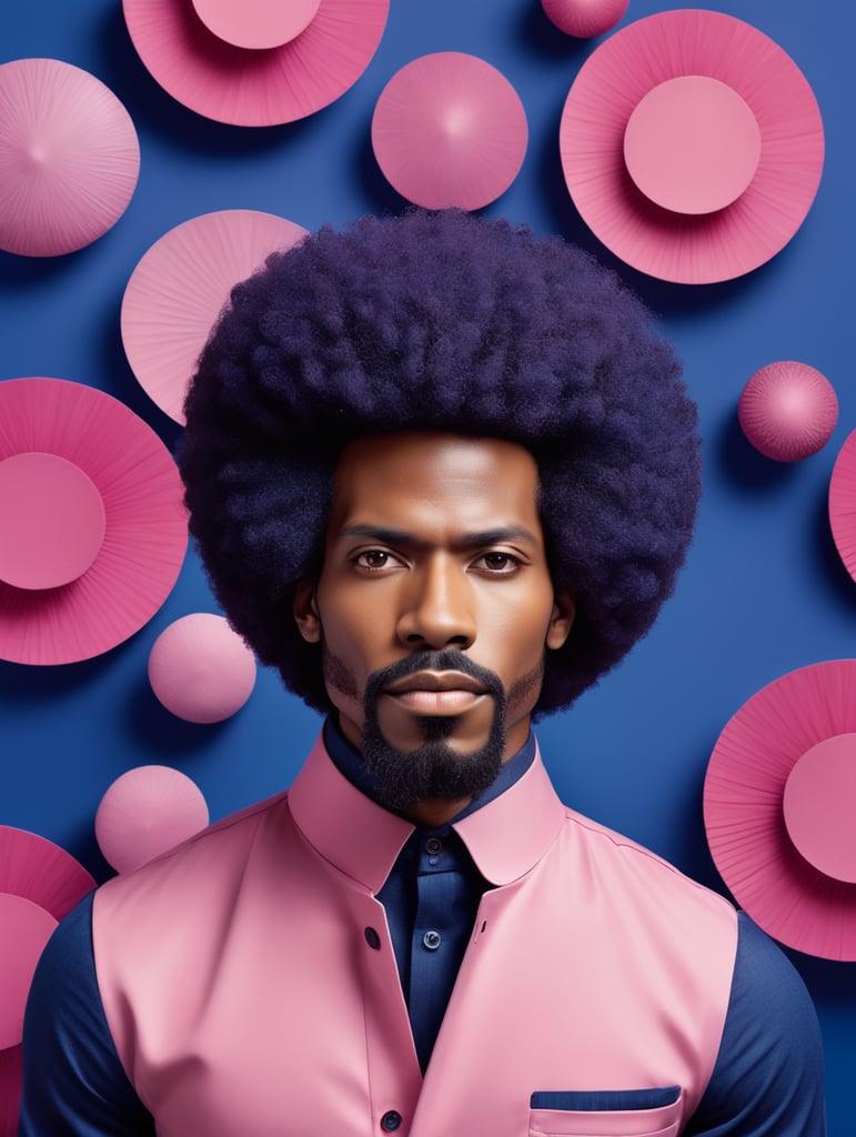 Afro ebony man, avant-garde, simplygo, photoshoot spread, dressed in all indigo, pink background, harpers bizarre, cover, headshot, hyper realistic