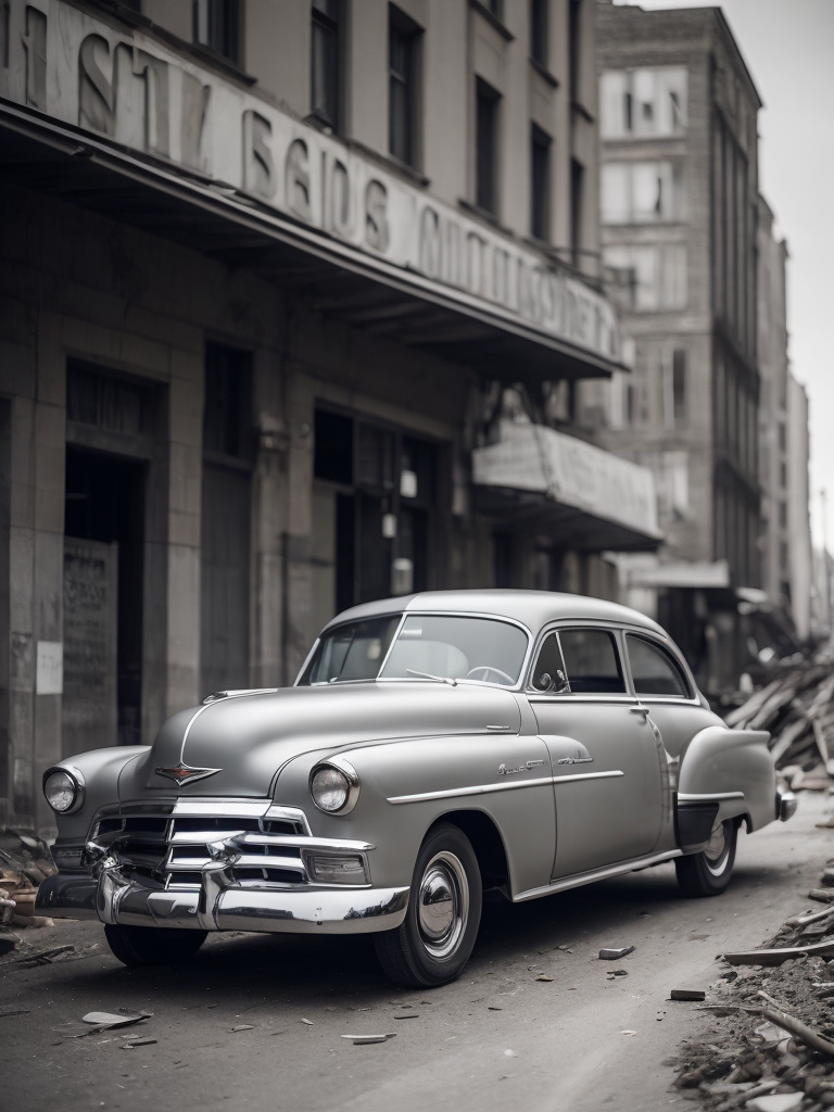 black and white photo of a 1952 Gray Chevrolet goes through bombed city, world war 2