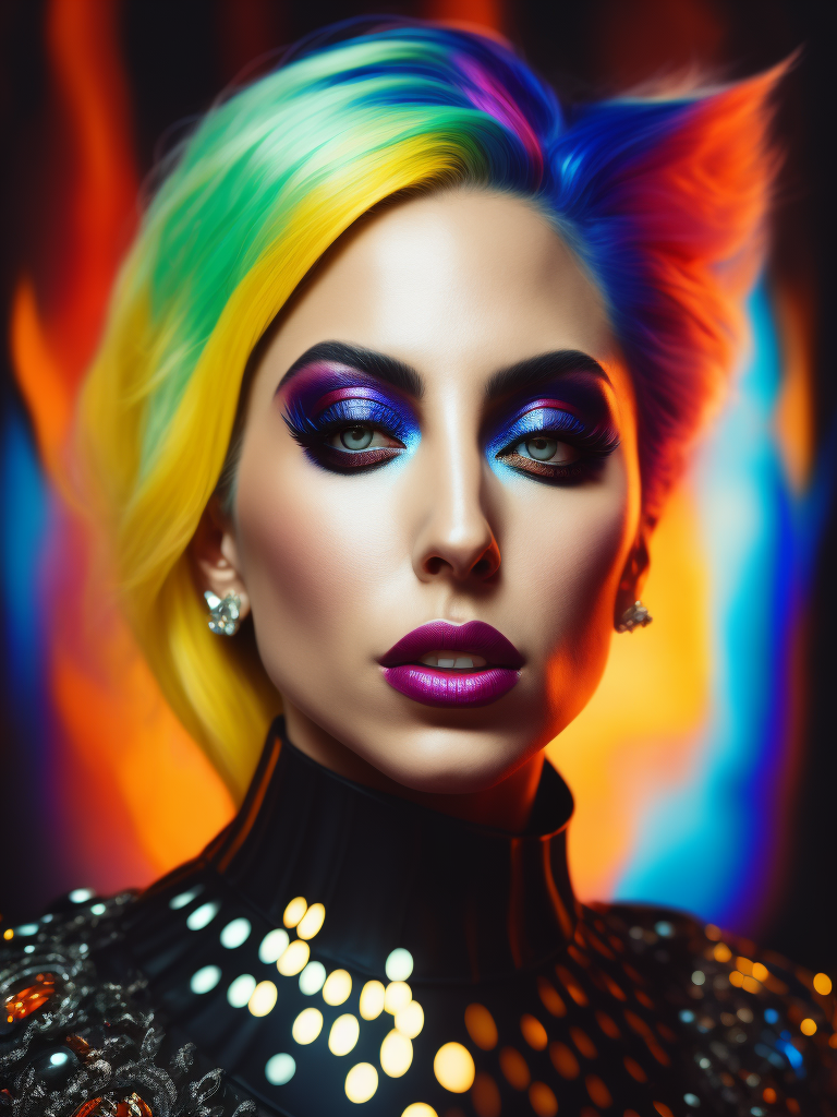 Portrait of lady gaga, bright and saturated colors, elegant, highly detailed, vogue, fashion magazine, sharp focus, bright expressive makeup, dramatic lighting, depth of field, incredibly high detailed, blurred background