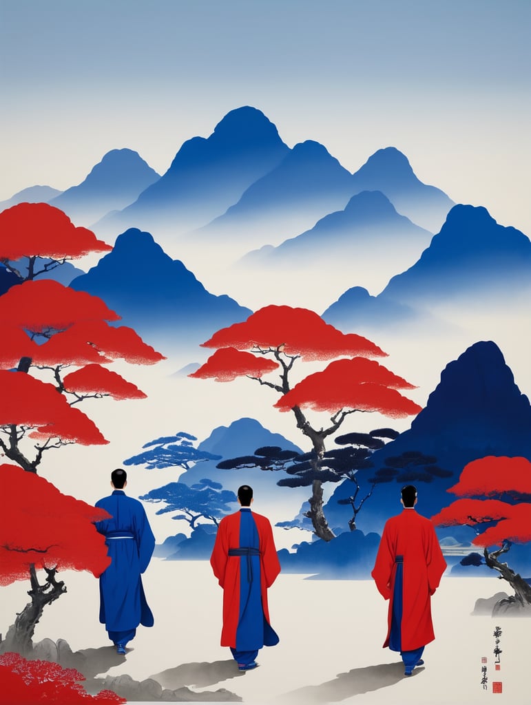 Chinese palace,classical,The men in robes were walking,Oriental aesthetics，Chinese Zen, minimalism, Klein blue and Red,Postminimalism,landscape painting,by Eiko ojala,by Noma Bar,Mountains and mountains in Song Dynasty