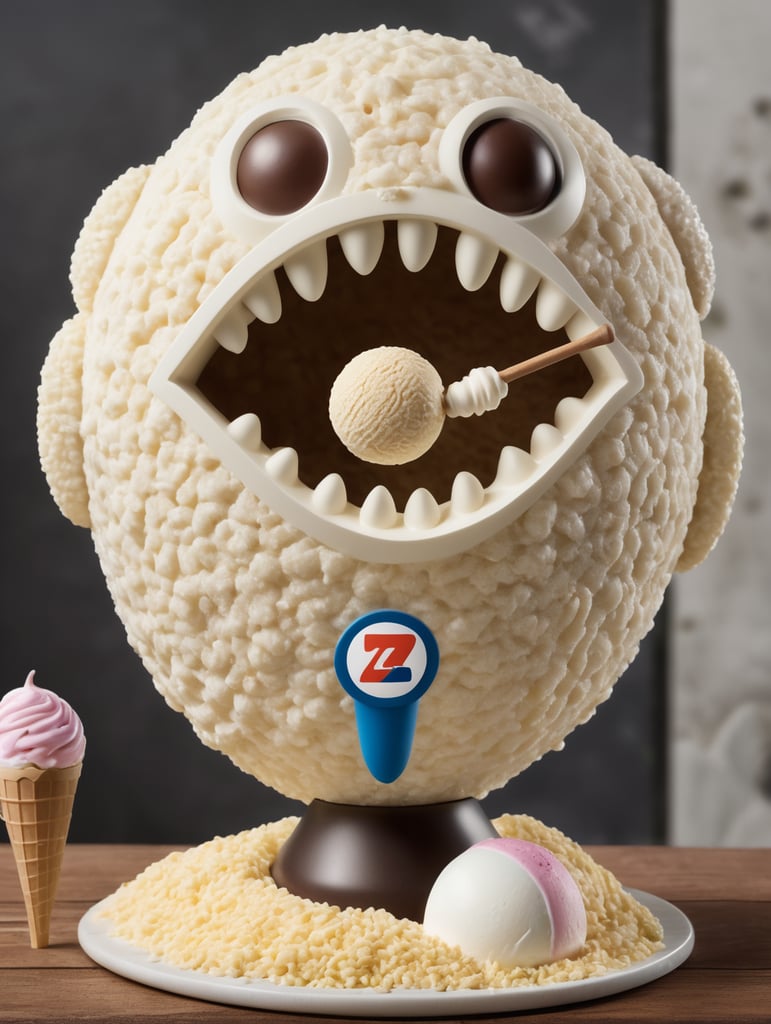 wiffle shaped like a football character , grain grinder on top, ice cream backing , freez, realistic