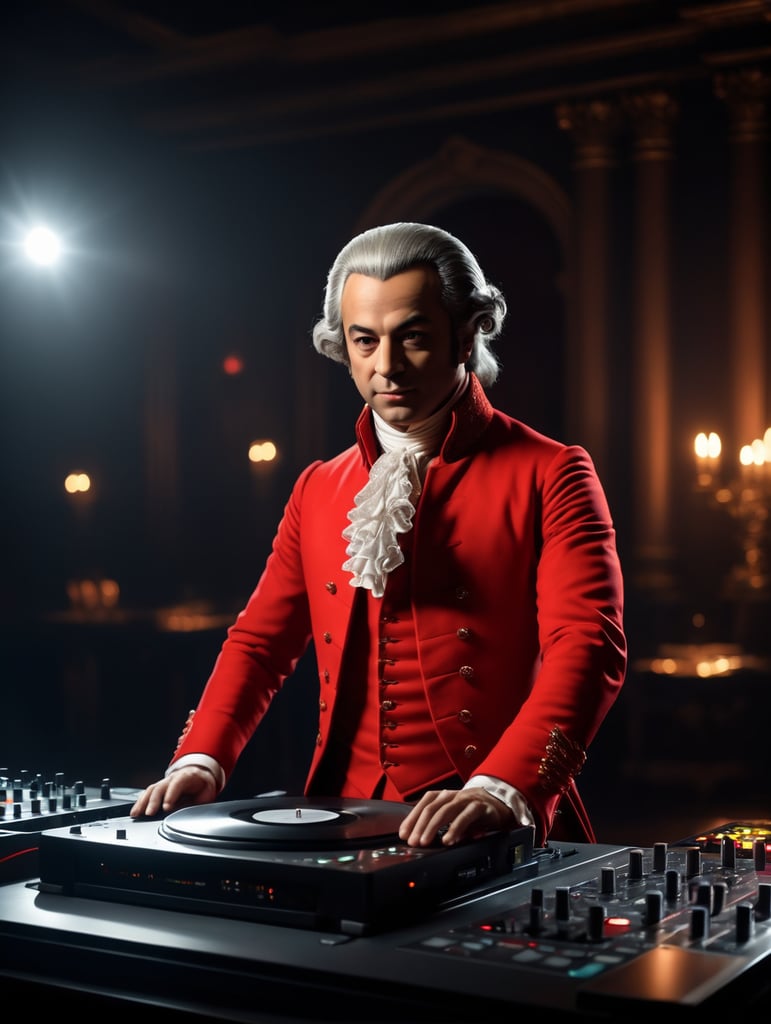 Wolfgang Amadeus Mozart in a 18th century red suit making music on a DJ table, Against the background of the interior of the palace full of guests, studio photo, professional photo, Bright and rich colors, Detailed image, detailed face,