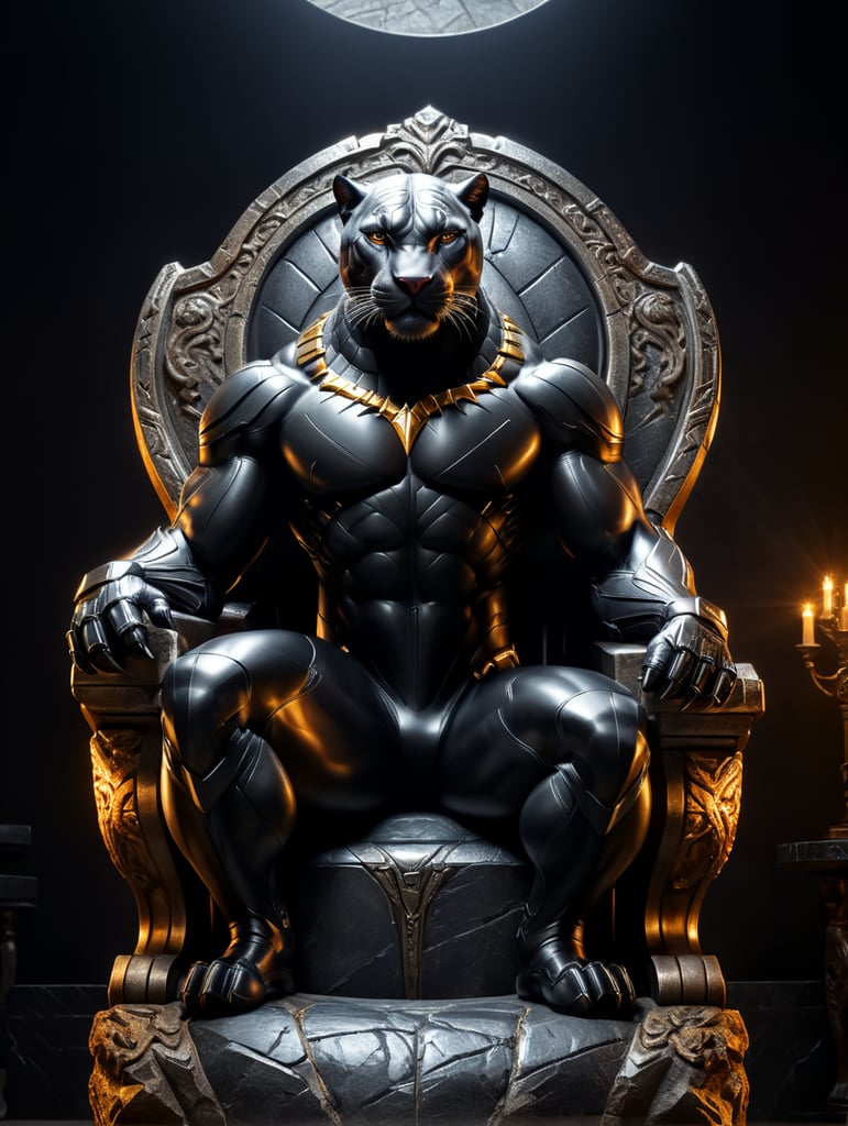 Panter Like Syper Hero setting in a beautiful modern stone chair, studio shot, black background, studio light, hyper realistic, hyper detailed