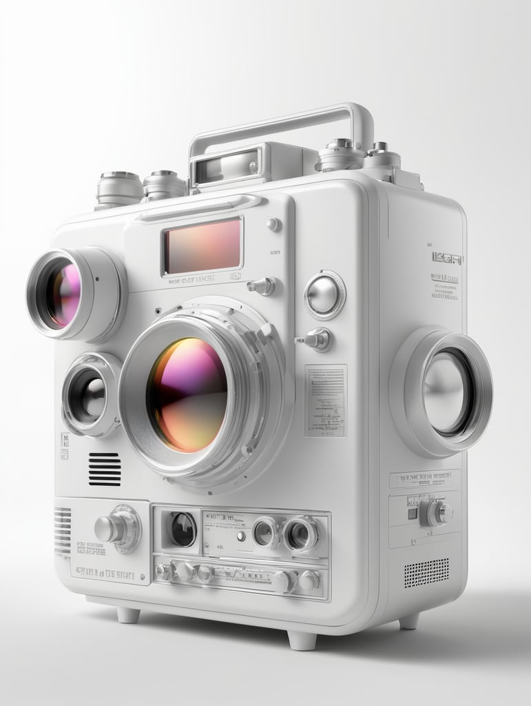 product photo, (retro cyber tech), reflective, Ella Guru, f8 aperture, a 3D render