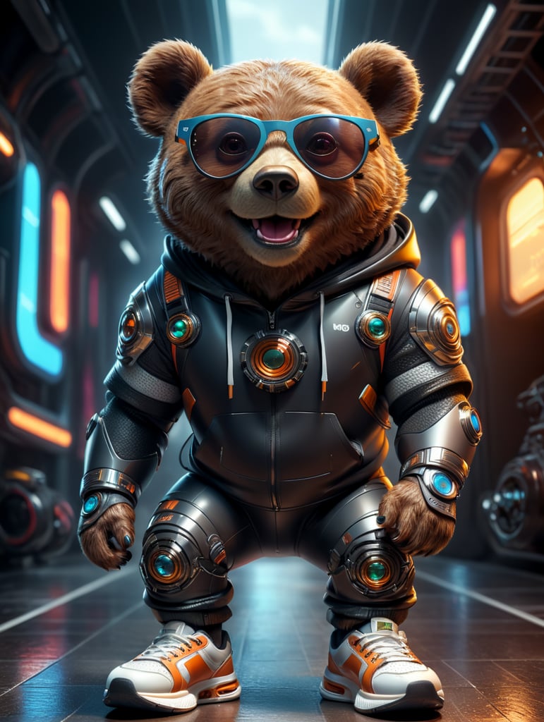 cute stylish bear dressed in stylish futuristic sportswear, big sneakers and futuristic glasses, smiling
