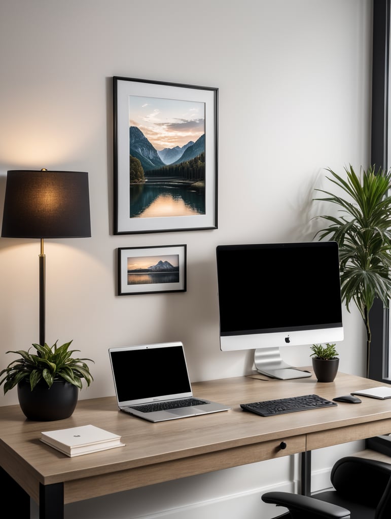 a rectangular frame mockup in a office, the office has a simple design, the office was a black table with a laptop