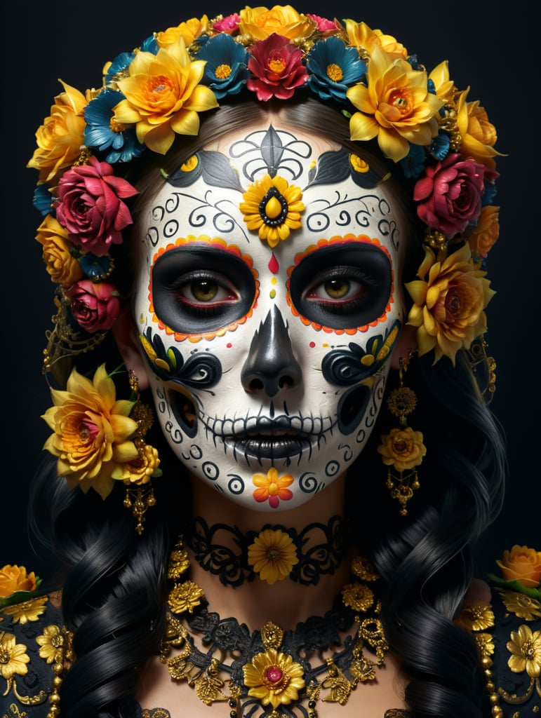 mexican, sugar skull, ornamental, flowers, garlands, gold and black colors, 3d style surrealist art, painting, girl face, glamorous, dark