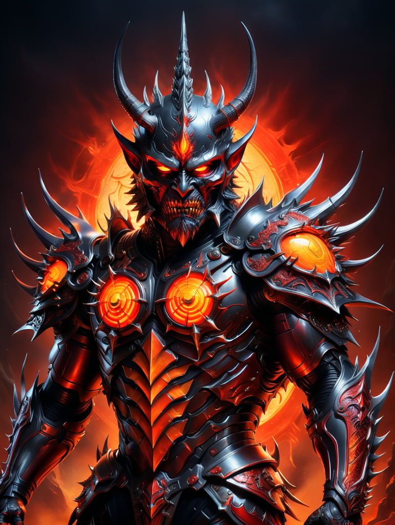 A full body art illustration of a hellish winged demonic deity with metallic armor and a spiky razor sharp mask over his face crimson orange red obsidian black, soft light, soft glow, large crimson halo, Intense colors. Digital art, hyper detailed, masterpiece, high quality, depth of field, ultra HD