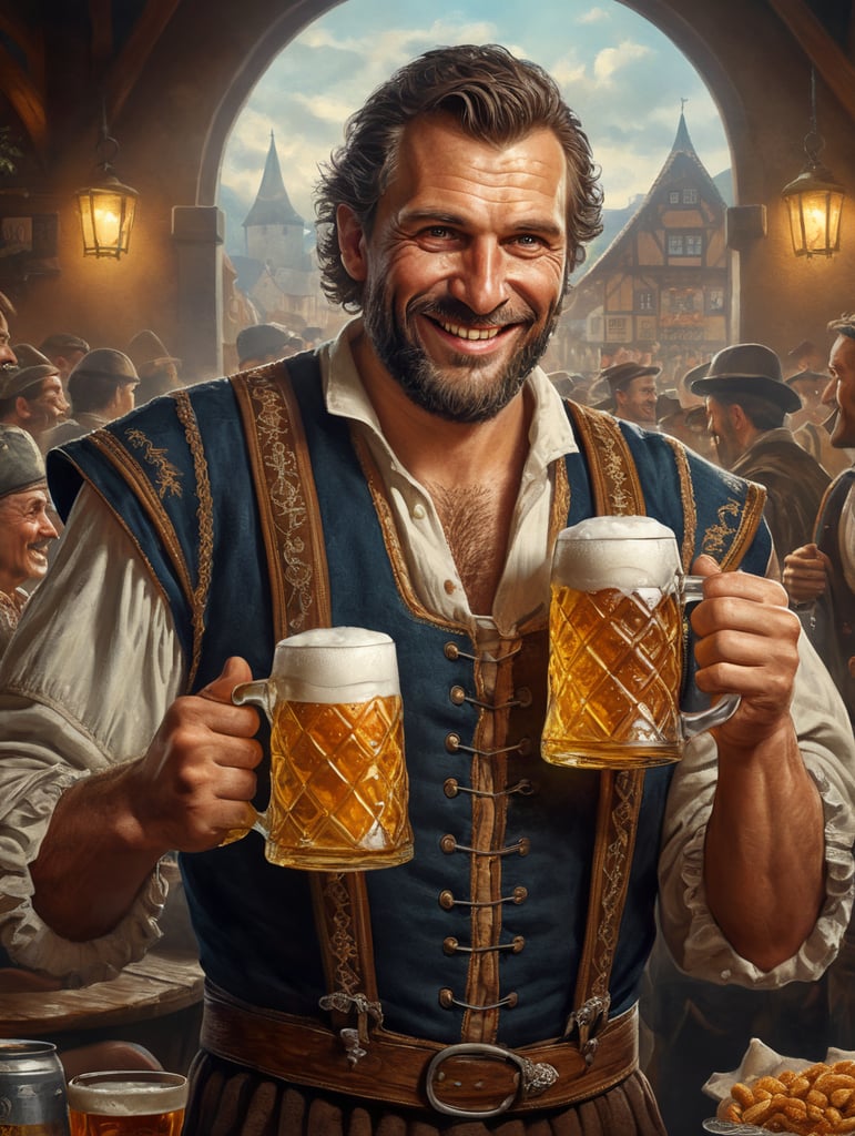 Bavarian man holding a mug of a beer, happy, traditional german costume, Oktoberfest, poster