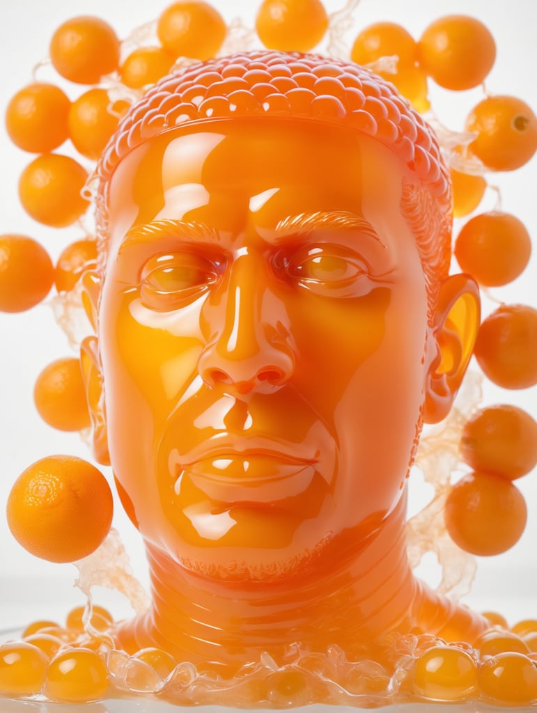 Portrait of a Translucent orange man made from the orange fruit jelly with pice of fruit, organs are visible through the jelly