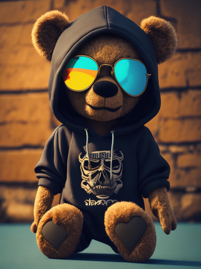 A cute stuffed teddy bear skeleton with tattoos wearing a ripped black hoodie and sun glasses, graffiti art by hanna-barbera, behance contest winner, lyco art, funco pop, behance hd, 2d game art, official art