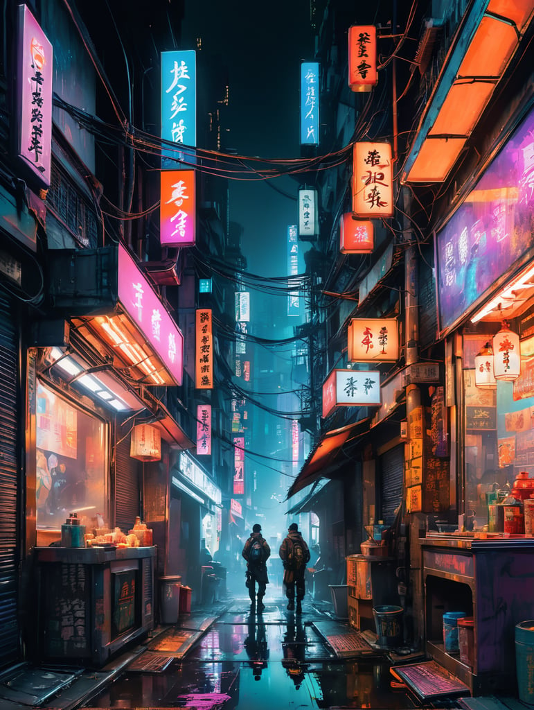 Paint a hyper-realistic, cyberpunk-inspired tableau of a small, dimly lit Asian street awash with neon lights. Convey the gritty, dystopian ambiance of this urban scene, from the reflection of neon glows on wet pavements to the intricate details of holographic advertisements. Describe the characters, the street food vendors, and the cyber-enhanced denizens who inhabit this futuristic alleyway. Transport the reader into this meticulously crafted, high-tech Asian cityscape.