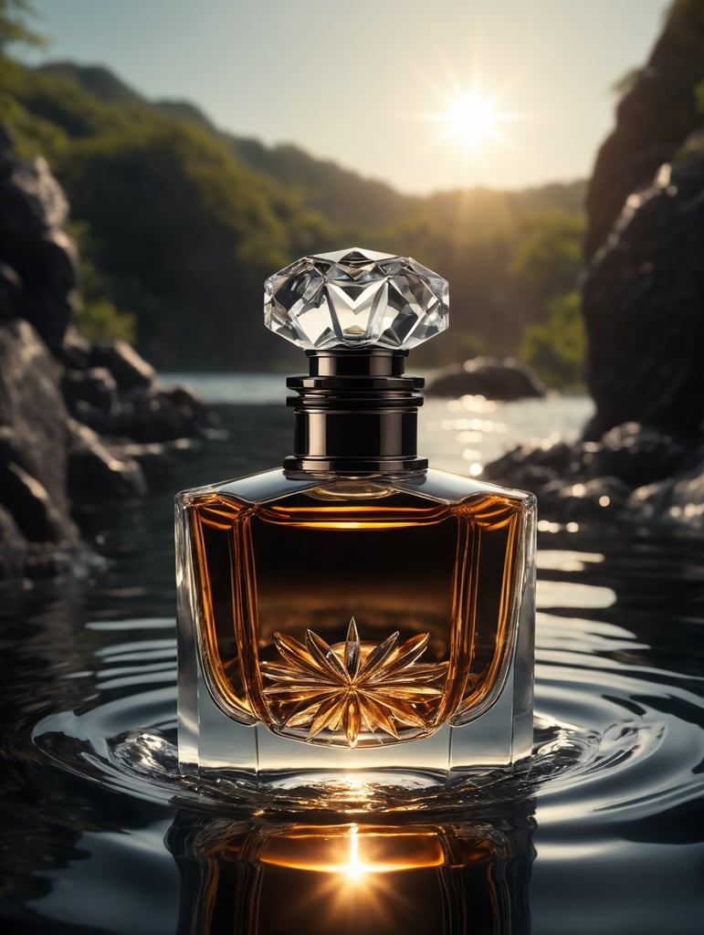 A delicate and noble glass perfume bottle was placed in the middle of the water，The sunlight asperses full, on the water flutters falls ，the petalhas ，the dewthe crystal ，clear feelingthe warm color tone,Headshot Center，the composition，Hyper，realistic style，realistic，photography，high detailhigh quality，high resolution，8k