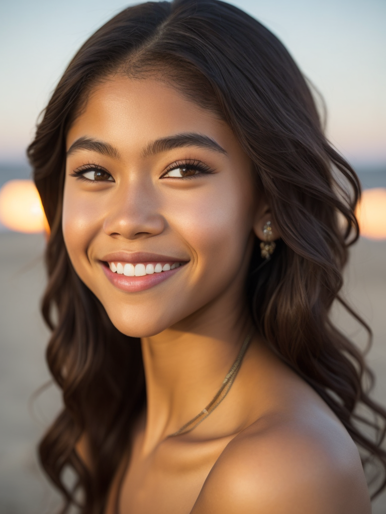 a twelve-year-old, light-skinned mixed race girl who looks like Zendaya, strikingly beautiful, looking at the camera, smiling, sitting on the beach, sand all over her, sunlight reflecting her face, intricate detail, photorealistic, hyper-realistic, 8k photography, high resolution
