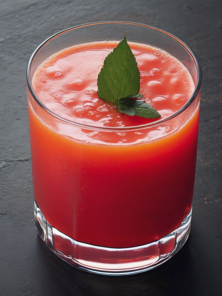 a glass of juice with green leaves on top