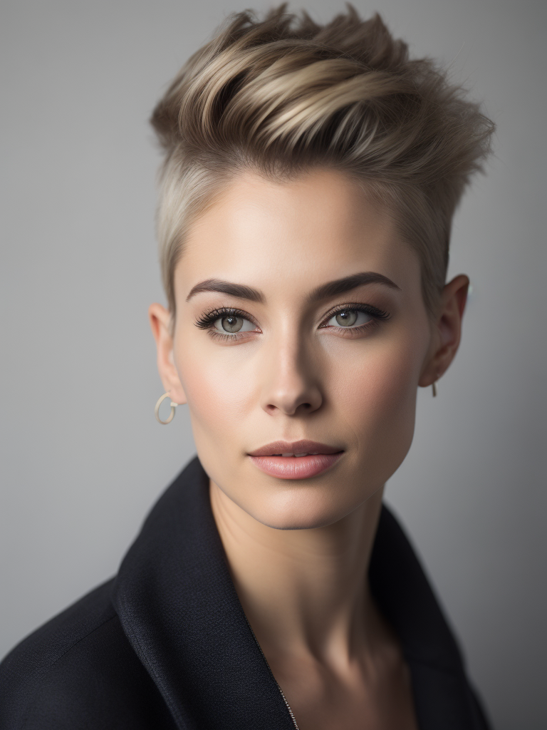 a 42 yo woman, blonde, (hi-top fade:1.3), dark theme, soothing tones, muted colors, high contrast, (natural skin texture, hyperrealism, soft light, sharp)