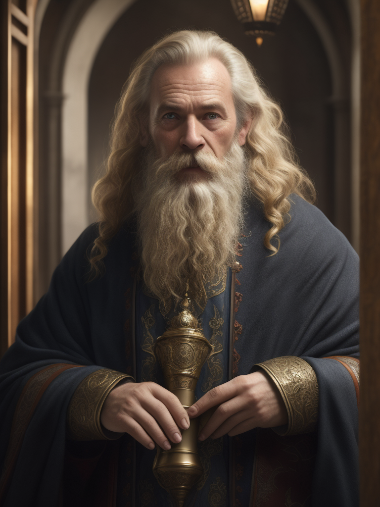 Portrait of a Russian navigator living in the 1400s, Afanasy Nikitin, fair-haired curly beard, blond hair, age 60, dressed in a painted caftan, holding a spyglass
