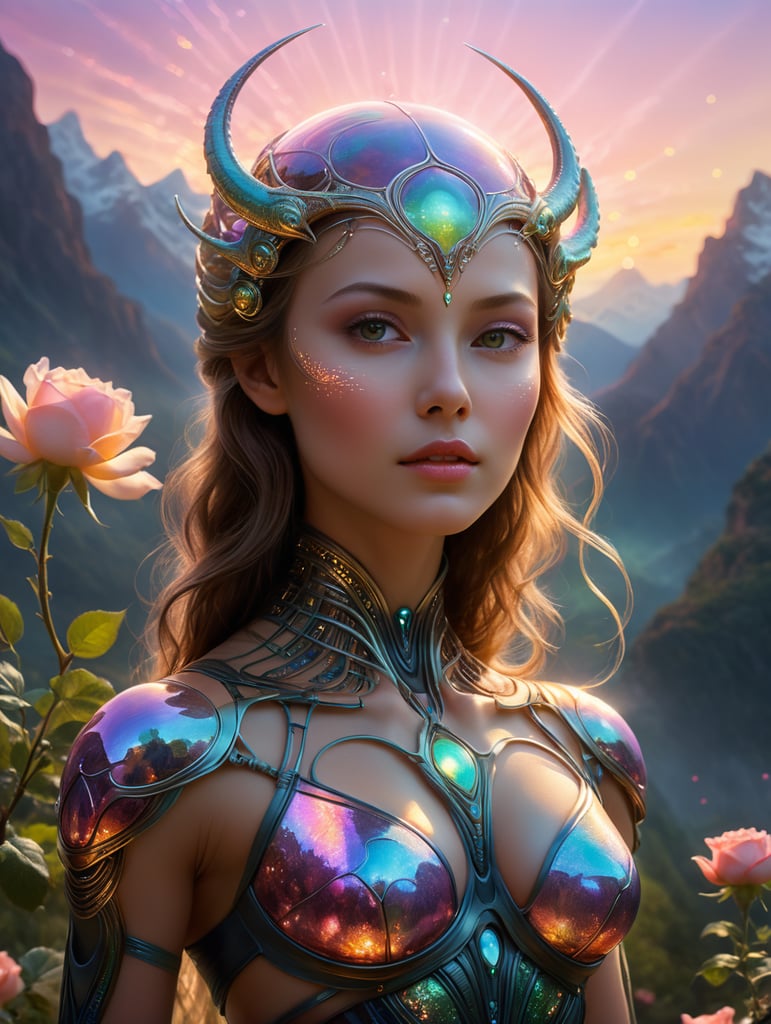 In the heart of a rose-tinted landscape, a beguiling Venusian humanoid captures the gaze with her ethereal beauty. Soft, shimmering skin reflects the gentle light, while intricate patterns of celestial symbols adorn her delicate features. This mesmerizing portrait, whether a digital rendering or a stunning painting, exudes an otherworldly allure and exquisite detail that mesmerizes the viewer. The artist's skill shines through in the vivid colors and captivating expression of the alien's serene countenance, inviting viewers to immerse themselves in the fantastical world of Venusian beauty. playful body manipulations, divine proportion, non-douche smile, gaze into the camera, holographic shimmer, whimsical lighting, enchanted ambiance, soft textures, imaginative artwork, ethereal glow, silent Luminescence, whispering Silent, iridescent Encounter, vibrant background, by Skyrn99, full body, (((rule of thirds))), high quality, high detail, high resolution, (bokeh:2), backlight, long exposu