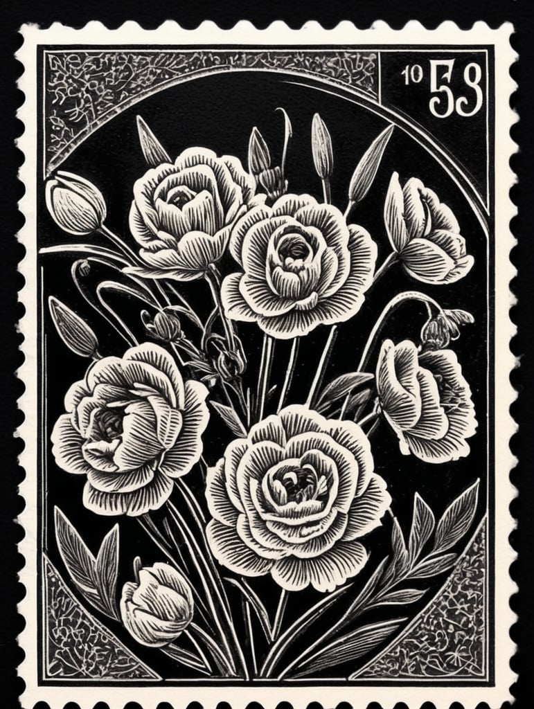 Black and white linocut postage stamp Valentine's Day thick bold dark lines