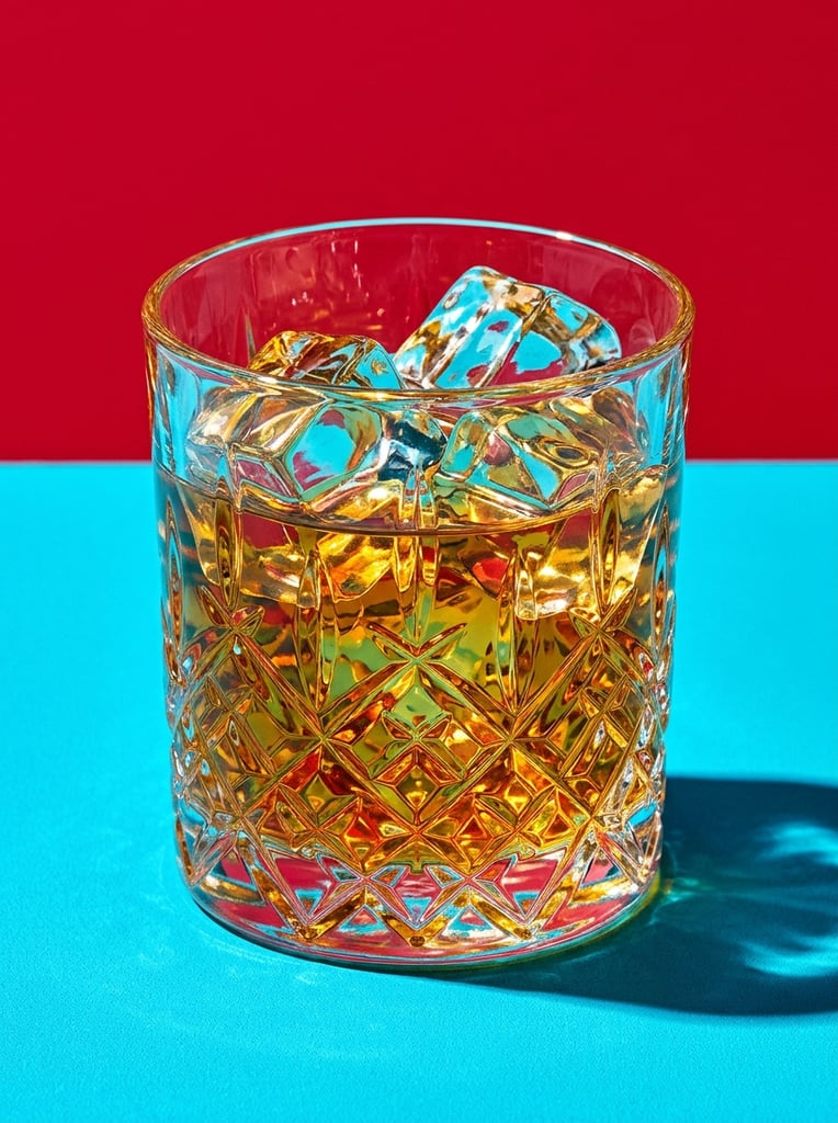 A cut-crystal tumbler containing amber liquid and angular ice cubes sits on a vibrant cyan surface against a stark red backdrop. The glass features sharp diamond facets on its lower half, intensely refracting the golden beverage and the surrounding bold colors. Large irregular ice blocks float at the surface, catching sharp, high-contrast specular highlights. The minimalist environment is a horizontal color block divided evenly into a solid crimson top and a bright blue bottom. Harsh directional studio lighting creates a luminous jeweled effect within the highly textured glass, casting a crisp shadow to the right. The hyper-saturated macro composition evokes a bold pop-art aesthetic within a commercial still-life photograph.