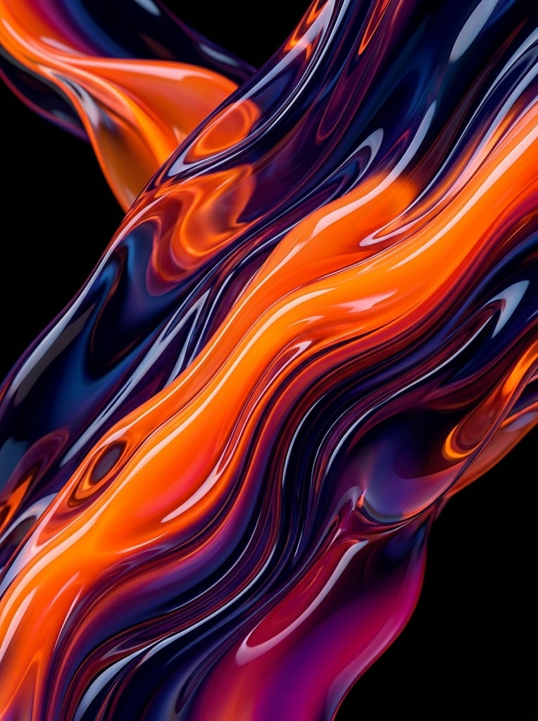 Abstract, hyper-glossy viscous forms intertwine in a continuous fluid dynamic against a pitch-black void. The molten glass-like shapes flow diagonally with bulbous ridges and deep crevices. A high-contrast palette blends vibrant neon orange with deep indigo and dark purple gradients. Crisp specular highlights trace the sweeping curves, accentuating the ultra-smooth, highly reflective texture of the thick material. The close-up macro perspective emphasizes the dramatic interplay of brilliant light, deep shadow, and vivid color refraction.