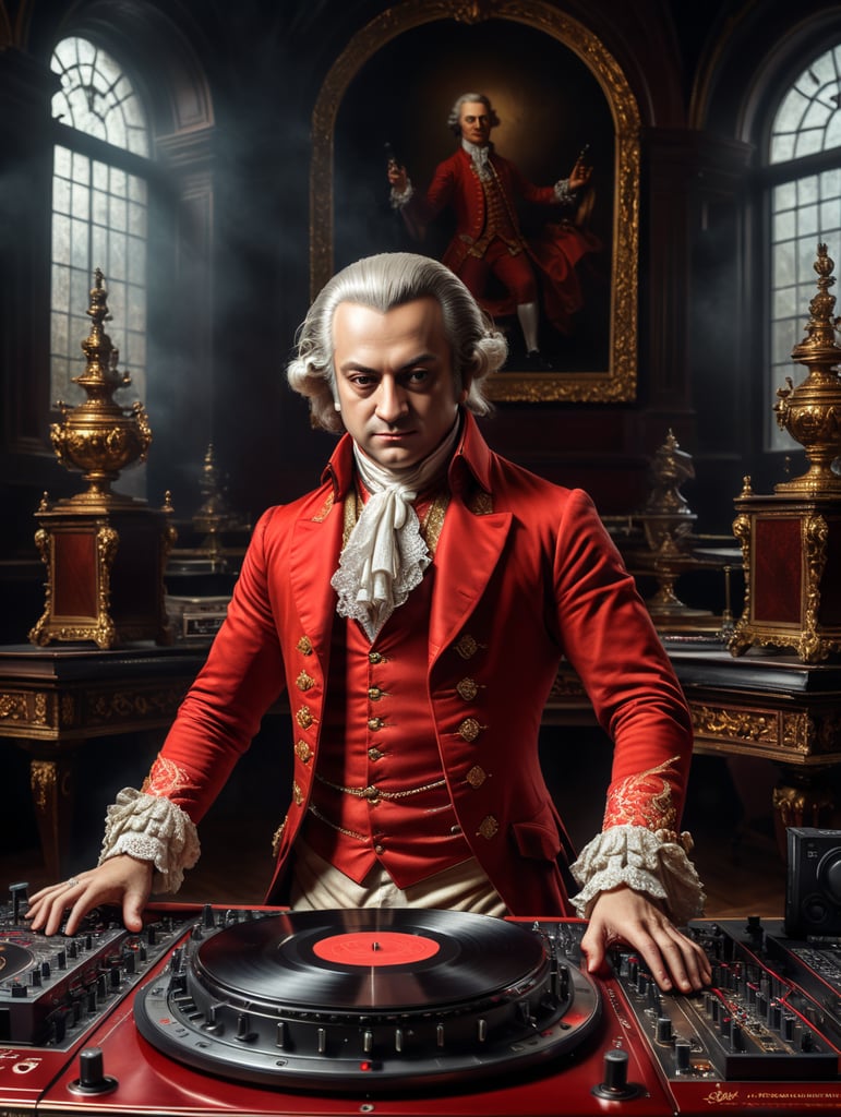 wolfgang amadeus mozart in a 18th century red suit making music on a dj table