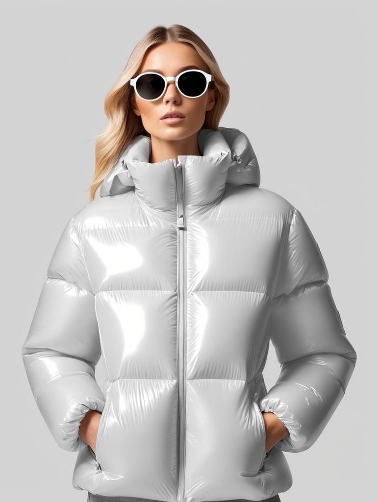 Inflatable white minimalist women's puffer jacket, wearing sunglasses, transparent, isolated, grey background, mockup