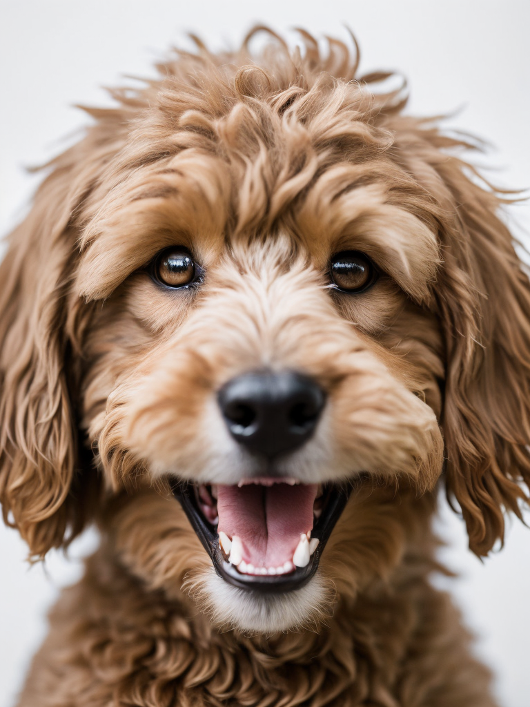 australian labradoodle smiling on whithe background (limbo white) (((white background))) smiling (((smiling))) (((happy))