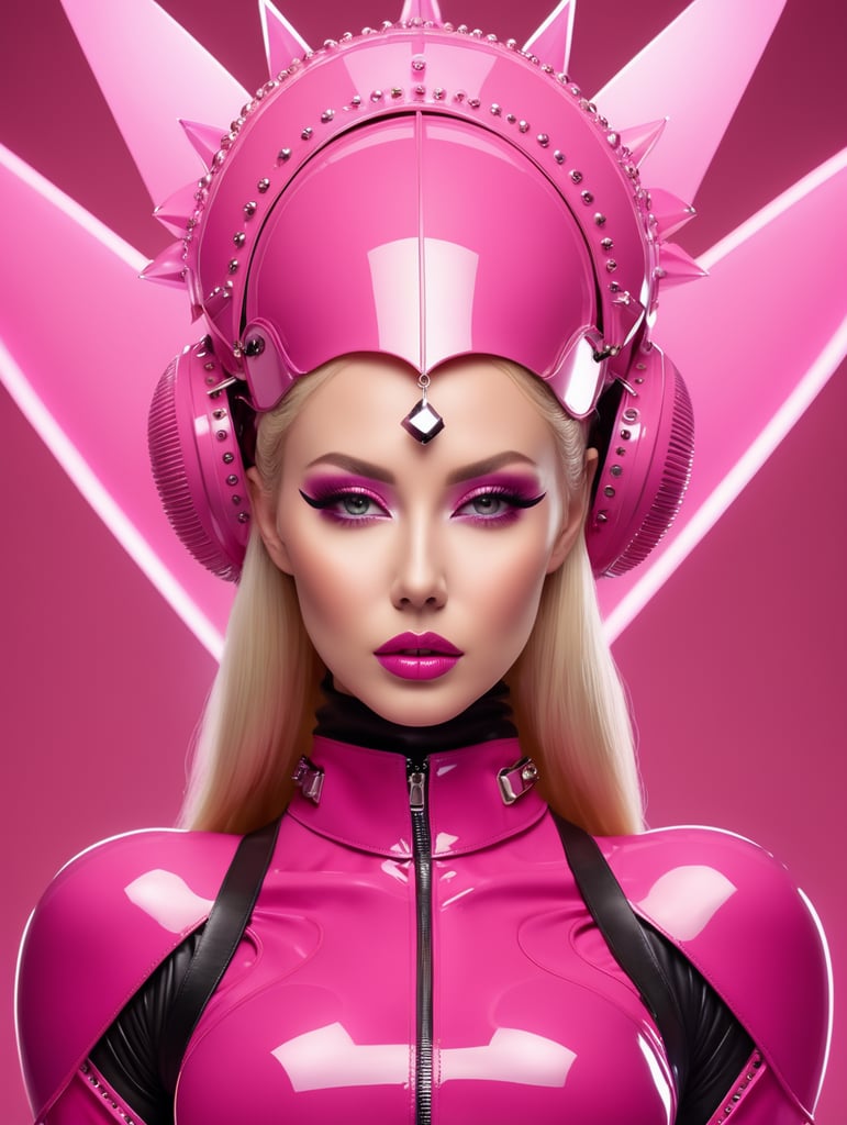 A beautiful blonde female all pink sleek futuristic harness, with huge headpiece center piece, latex boots, clean makeup, with depth of field, fantastical edgy and regal themed outfit, captured in vivid colors, embodying the essence of fantasy, minimalist