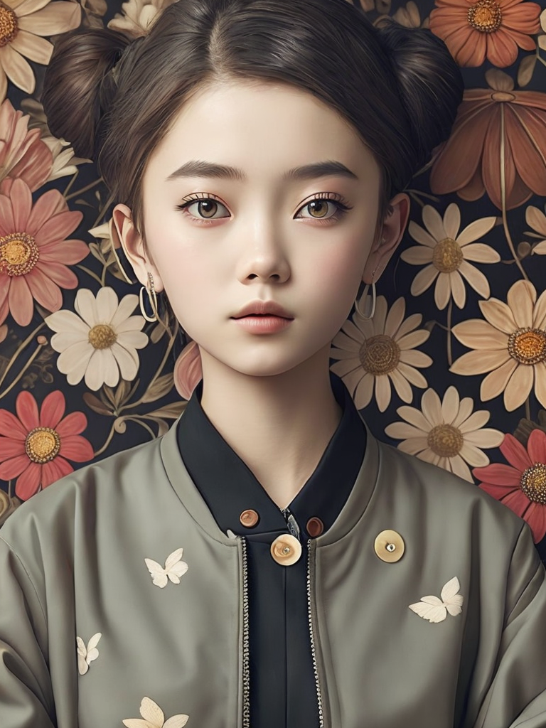 Magazine cover poster, upper portrait of anime girl with cat, ultra detailed, cel shading, artistic, shibuya fashion, harajuku fashion, mucha, frida kahlo, vivid floral oversized sukajan bomber jacket, trends of pixiv, headline, logos labels, badges, graphic design, art by miyazaki hay takashi murakami oda eiichirō