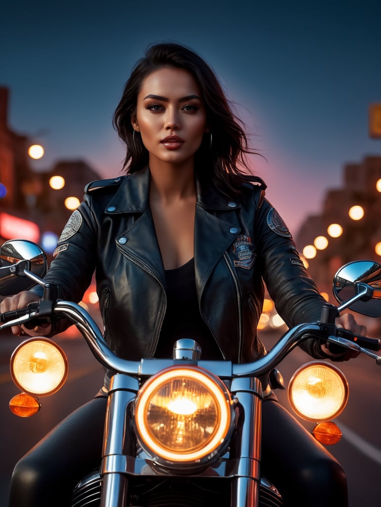 Beautiful girl on Harley Davidson motorcycle, road 66, leather jacket, photorealistic, detailed image, night, USA, neon lights, bright colors, starry sky, detailed face