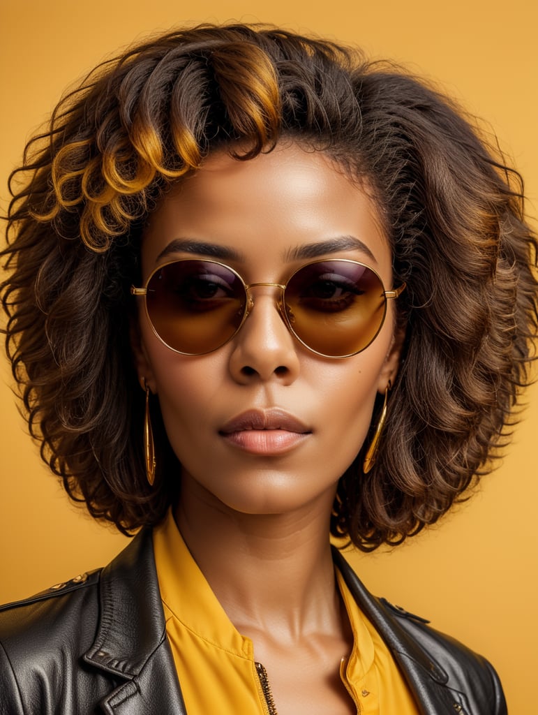 African woman with afro hair style wearing sunglasses, fashion shoot, only face, yellow background, studio photography, magazine cover, ultra bright colors