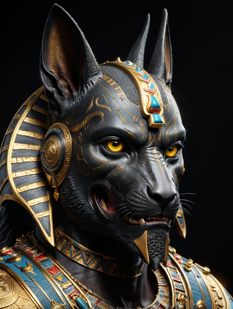 Egyptian god Anubis, portrait, hyper-realistic, dark style, focus on face, sharp on details, black background