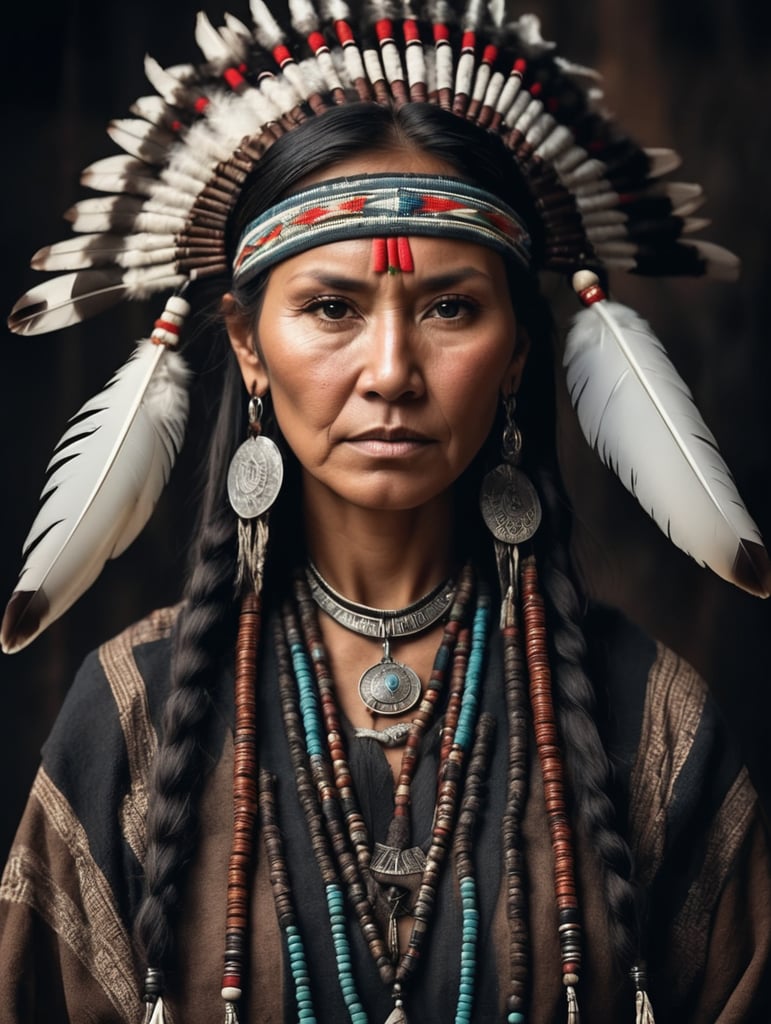 portrait, old western Native American daughter of Shaman, national clothing, dark scene, dark atmosphere, epic shot, sharp on details