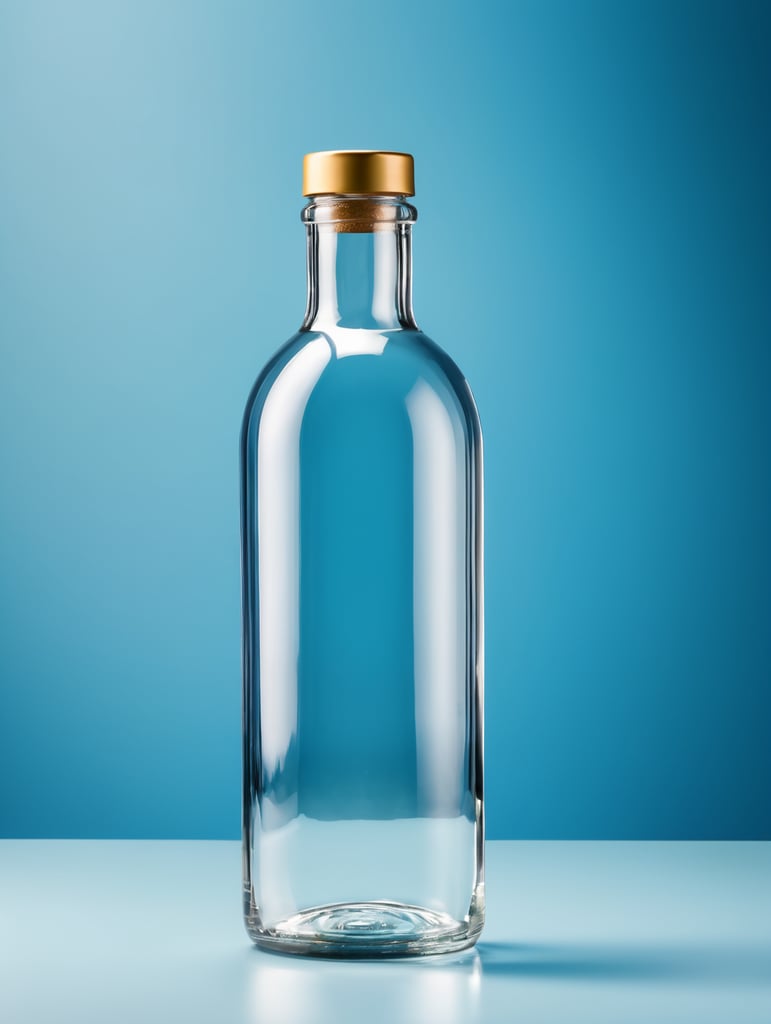 a transparent Glass Bottle, Empty, Clean, Clear, isolated, blue background