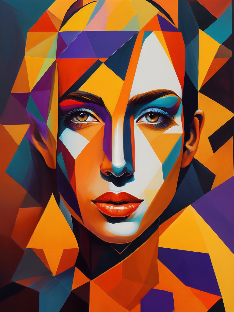 Paint a portrait of a woman that showcases her beauty and artistry through a unique combination of vibrant colors and geometric shapes, capturing her essence and individuality in an imaginative and captivating composition.