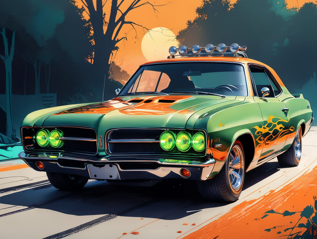 : A vector flat illustration of a classic car transformed into a Halloween hot rod, with stylized flames painted on the sides, a spooky skeleton driver, and eerie green headlights, capturing the spirit of Halloween excitement, Vector Flat Illustration, designed with vector graphics software to convey the fun and creativity of Halloween car decorations
