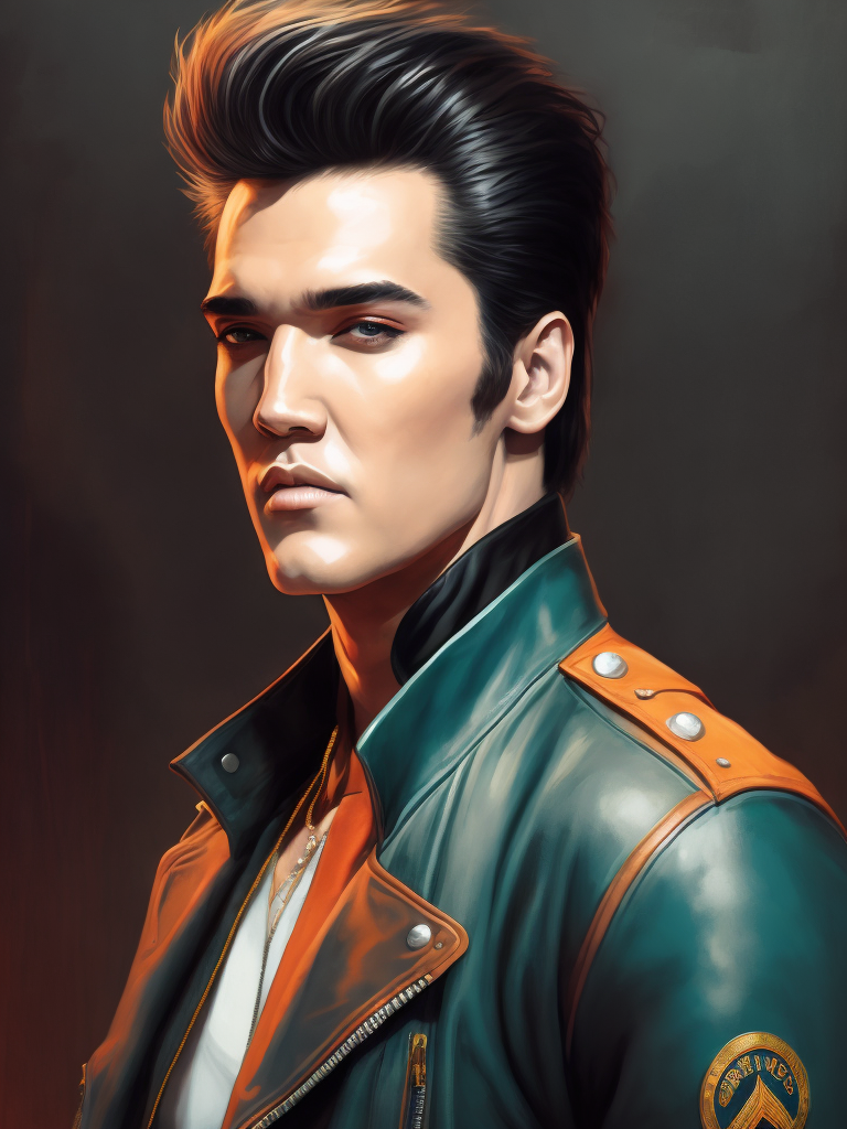 Portrait of Elvis Presley wearing a black leather jacket, studio photo, professional photo, Bright and rich colors, Detailed image, detailed face