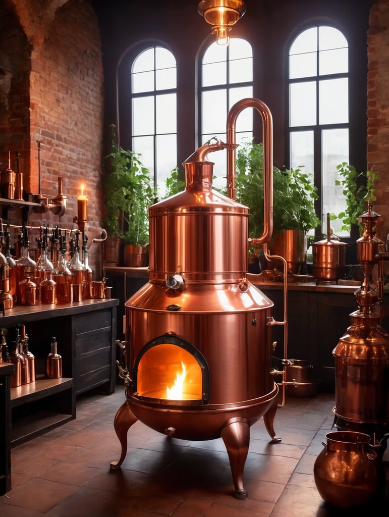 Close-up of a Copper distillation unit alembic, candles on the walls, Dim antique room for whiskey production, herbs and hops, old master sitting on a chair