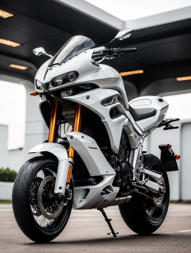 Futuristic white motorbike, low angle view, isolated, white background, mockup